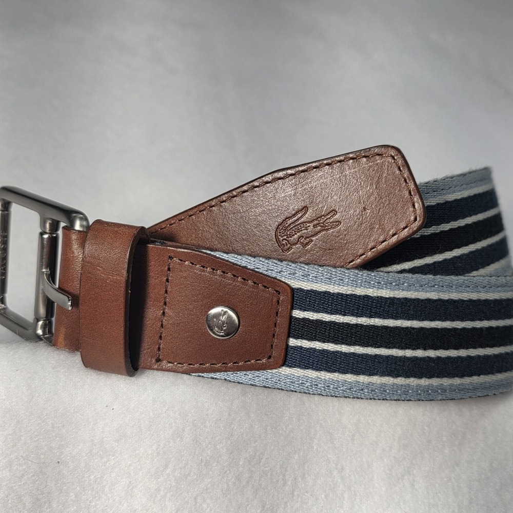 Lacoste Genuine Blue Striped Leather Belt, Size 36